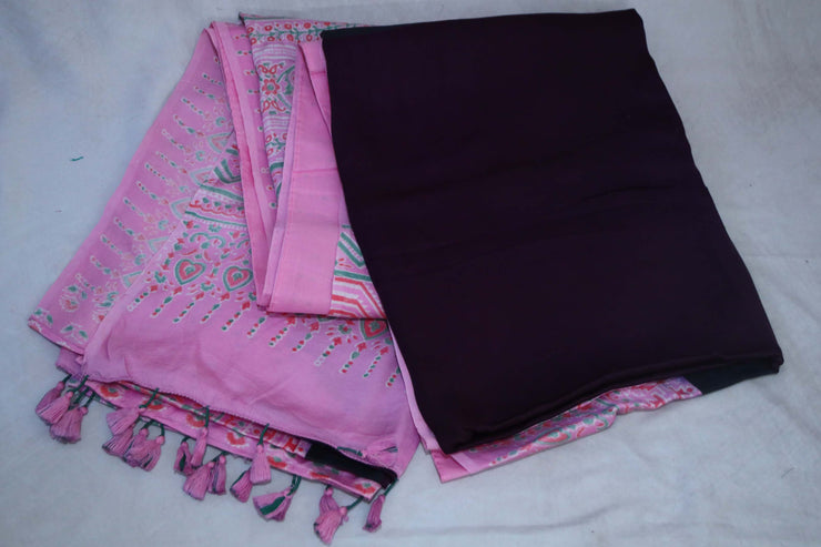 Modal silk saree with hand block print on pallu, with stitched blouse