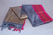 Grey semi silk saree with Pink temple border, with stitched blouse