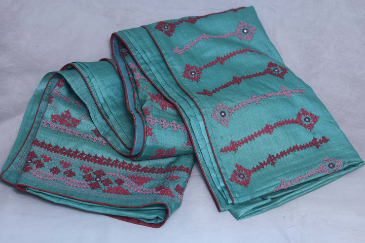 Pure tussar silk saree with kutch work, stitched blouse