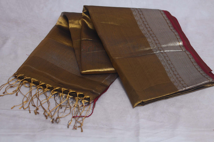 Antique gold tissue saree with banarsi border, with stitched blouse