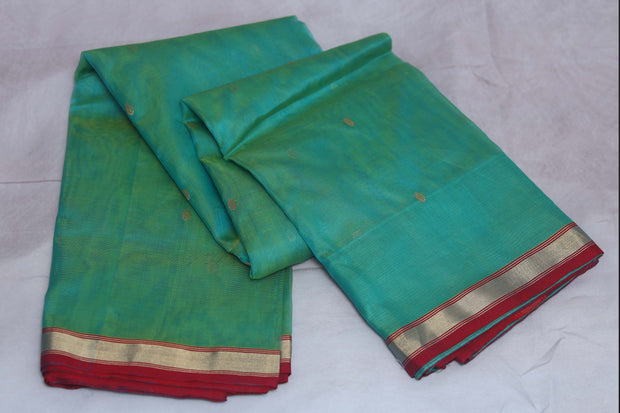 Light green double shaded pure handloom chanderi silk saree with stitched blouse