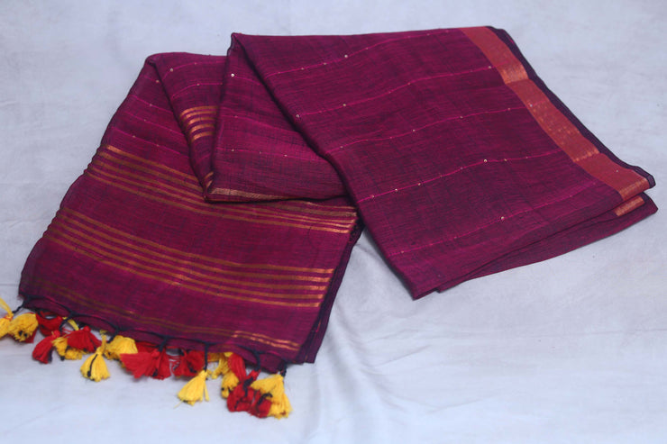 Handloom linen saree with sequins weave , with BP