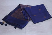 Navy blue dupion pure silk saree with stitched blouse