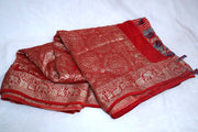 Dola silk saree with Ajrakh hand block print , stitched blouse