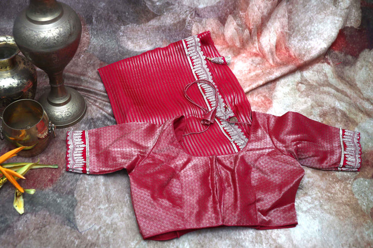 Pink tissue designer saree with stitched blouse