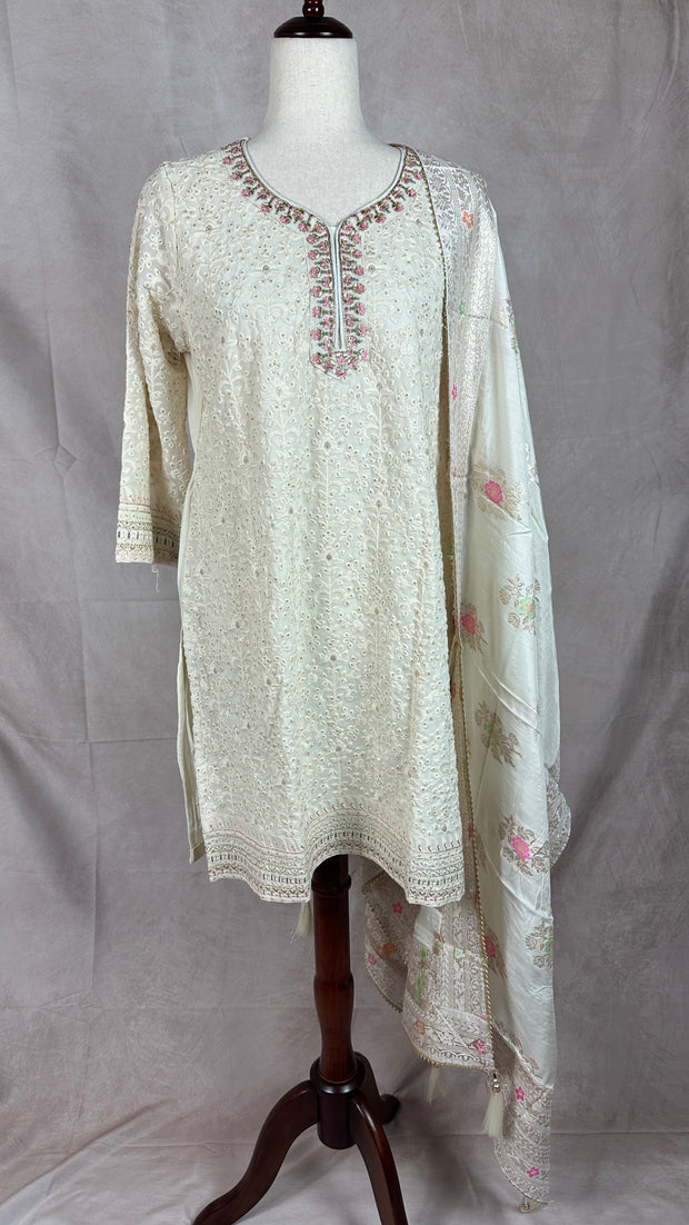 Off white chikankari short kurti with banarsi ghararh and dupatta