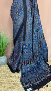 Ajrakh hand block printed Modal silk saree with bead and mirror wirk, with stitched blouse