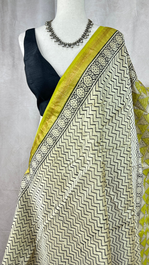 Handblock printed Maheswari cotton silk saree