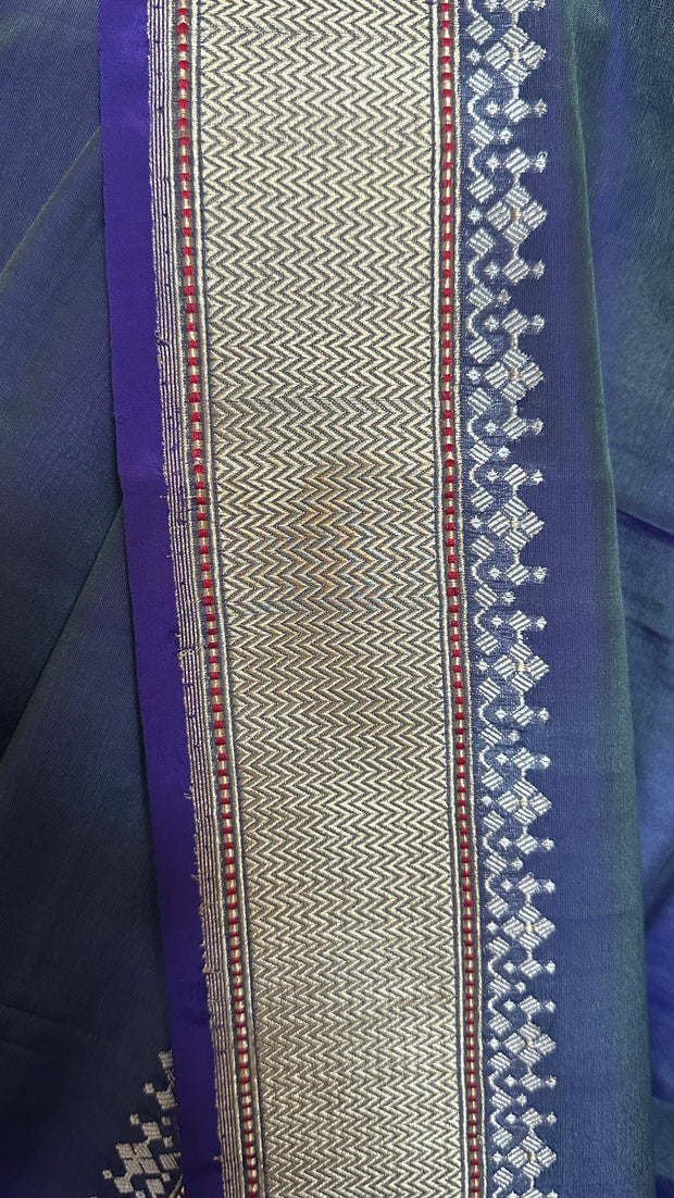 Handloom pure organza crepe silk saree with silver and gold weaved boder, with stitched blouse