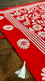 Red pure bangalore silk saree with kantha work , stitched blouse