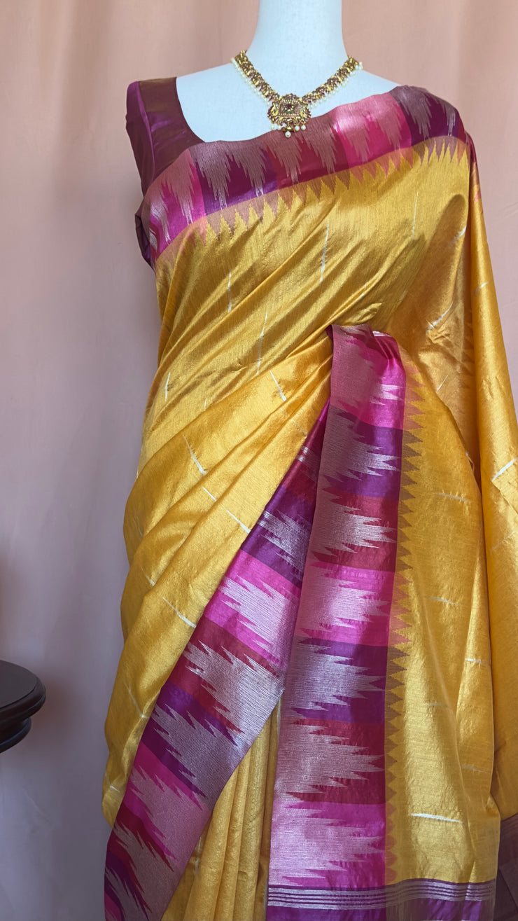 Semi tussar silk saree with temple border weave, with stitched blouse