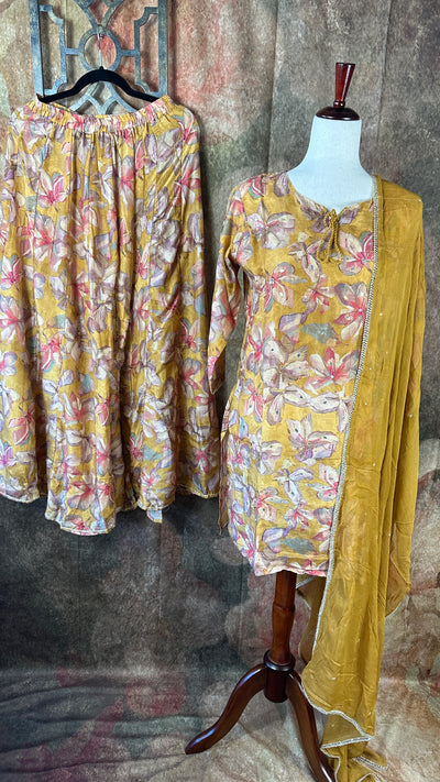 Mustard yellow printed muslin kurti with flared palazo and dupatta