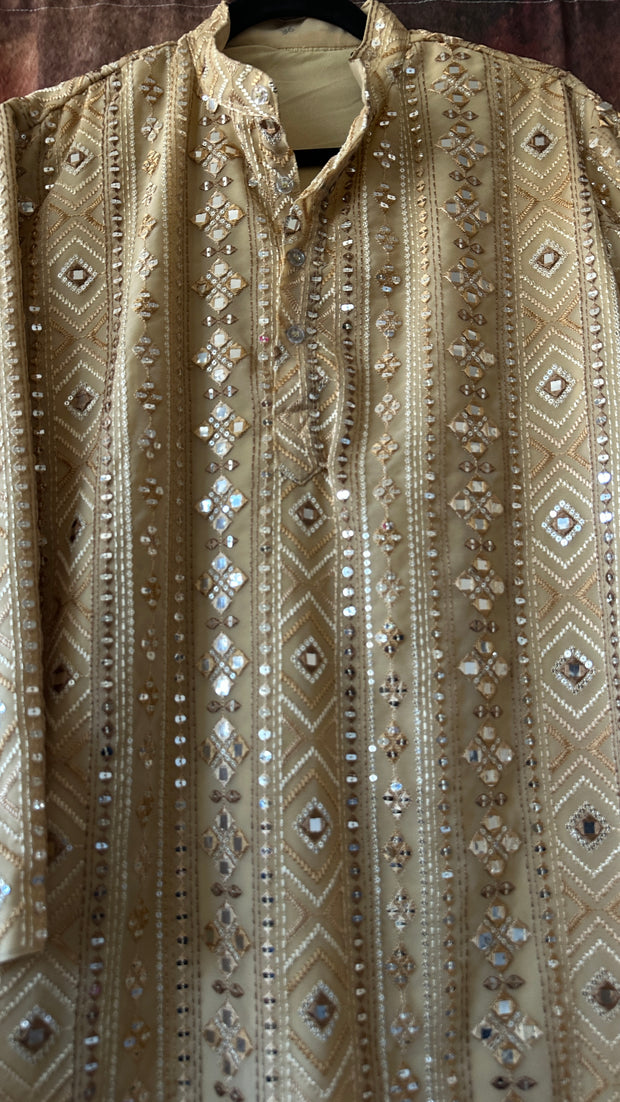 Beige color mirror work kurta