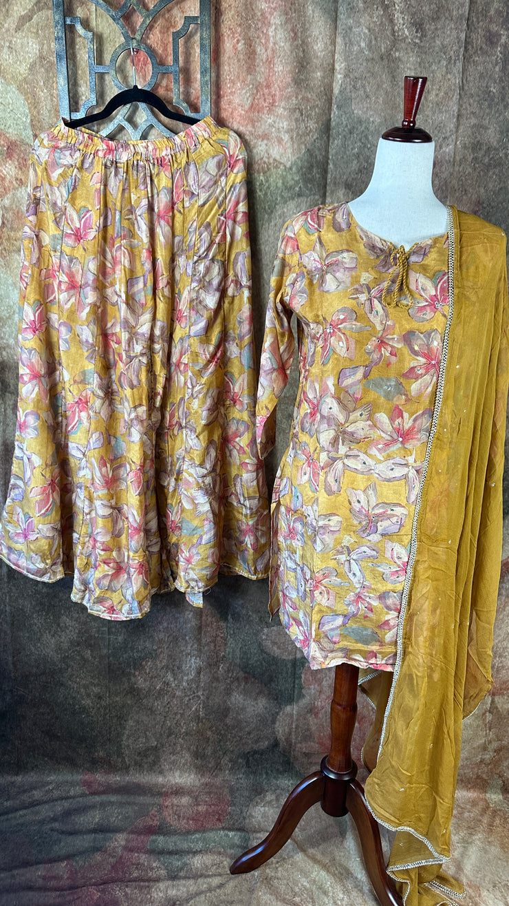 Mustard yellow printed muslin kurti with flared palazo and dupatta