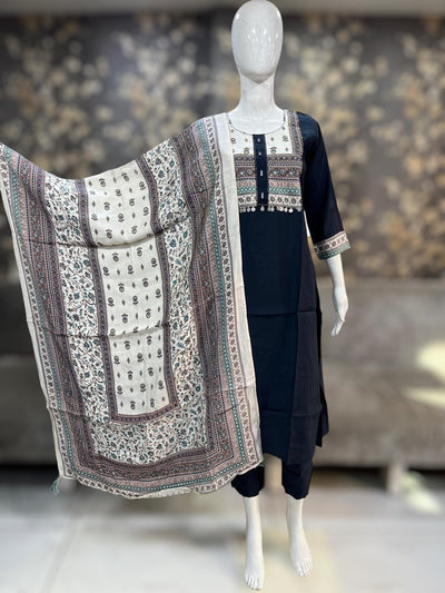 Navy blue kurti with real mirror and handwork, with bottom and dupatta