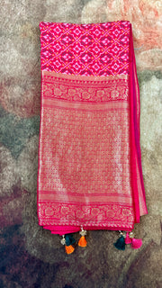 Pink silk saree with pattola weave, stitched blouse