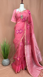 Pure muslin silk saree with jamdani weave and stitched blouse