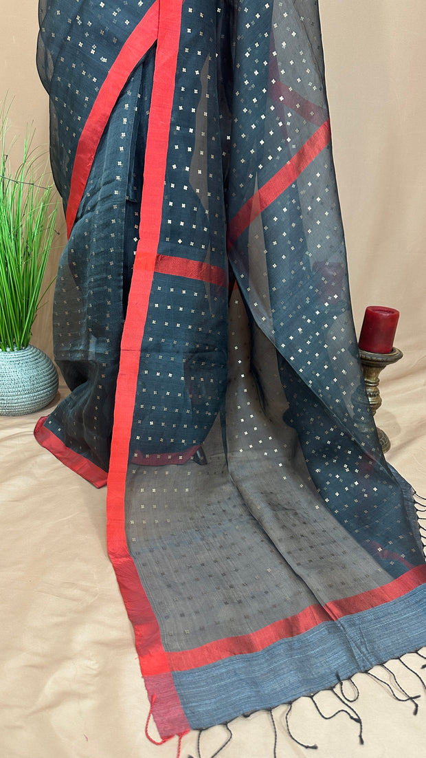 Pure Muslin Silk Saree with Weaved Sequins and Stitched Blouse