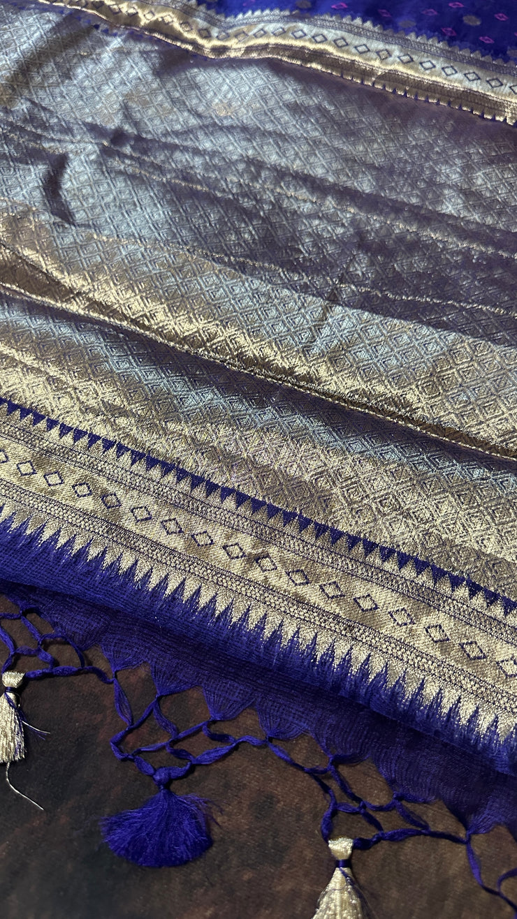 Blue Silk Katan Kotta Bandhej Saree with Stitched Blouse