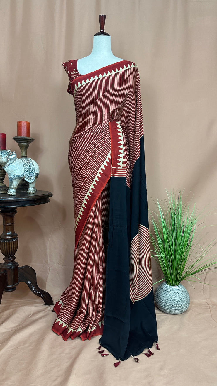 Red ajrak modal silk saree , with stitched blouse