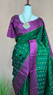 Bottle Green and Wine Red  Kanchivaram Silk Handwoven Saree with Stitched Blouse