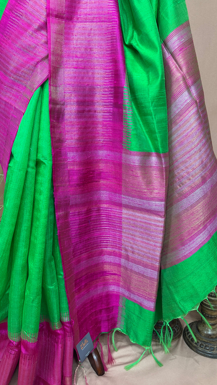 Green and Pink combo pure raw silk saree with stitched blouse