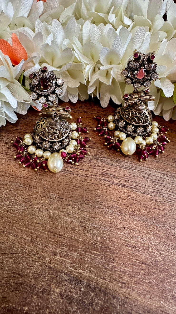 Victorian finish jhumka with red stone