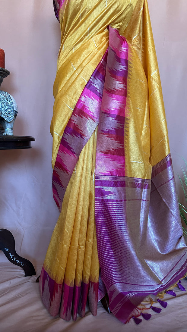 Semi tussar silk saree with temple border weave, with stitched blouse