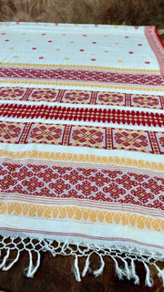 Handloom cotton saree with red thread weave, with stitched blouse