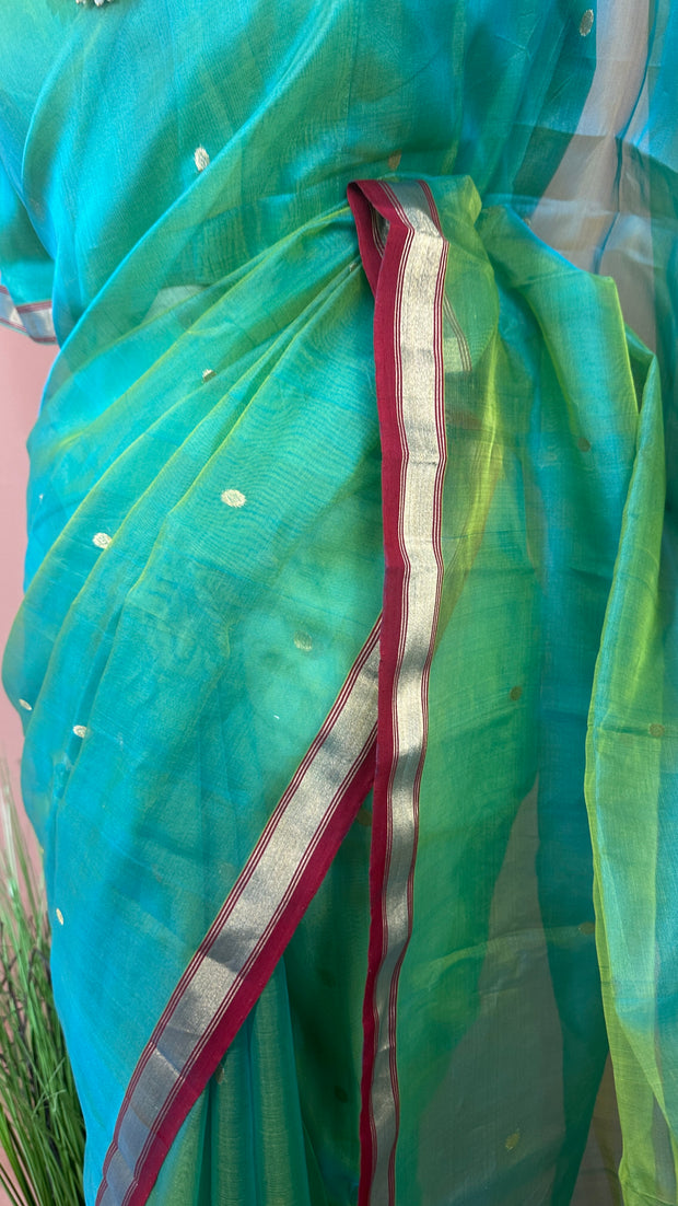 Light green double shaded pure handloom chanderi silk saree with stitched blouse