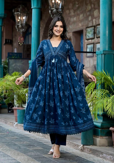 Navy blue cotton kurti with bottom and dupatta