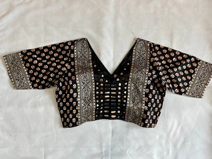 Modal silk Ajrakh blouse with real mirror work