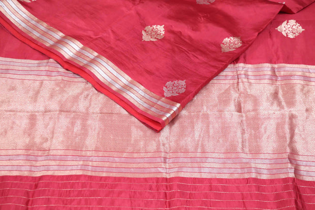 Red soft katan silk saree with silver and gold weave, with stitched blouse