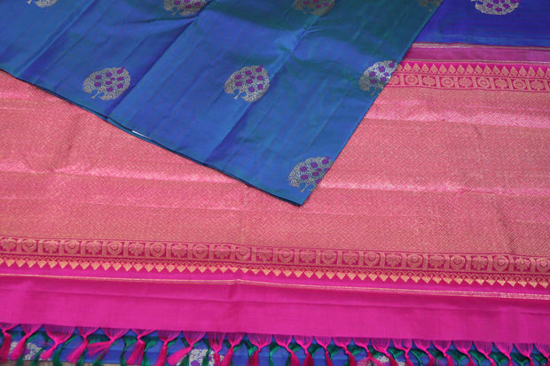 Handwoven Blue Kanchivaram pure silk saree with Pink pallu and blouse