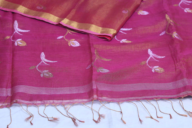 Pink tissue linen saree with jamdani weave, with BP