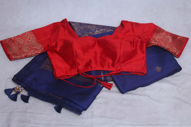 Navy blue dupion pure silk saree with stitched blouse