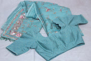 Light Blue Soft Organza Saree with Parsi Gara Machine Embroidery Work, with stitched blouse