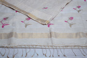 Pink tissue linen saree with jamdani weave, with BP