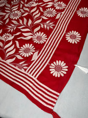 Red pure bangalore silk saree with kantha work , stitched blouse