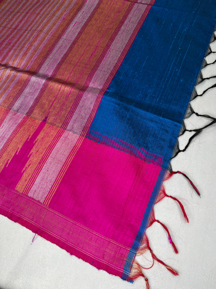 Ink Blue and Pink Combo Pure Raw Silk Saree with Stitched Blouse