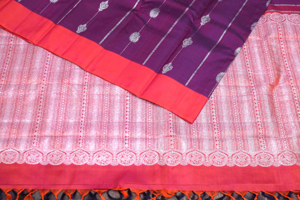 Handwoven Wine red kanchivaram pure silk saree with orange border, with stitched blouse