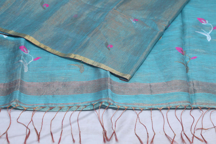 Light blue tissue linen saree with jamdani weave, with BP