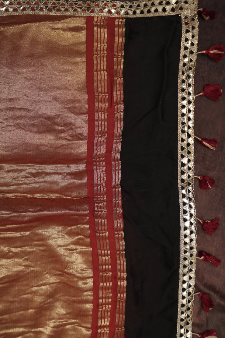 Hand block Ajrakh print Red modal silk saree with gotta patti border, with stitched blouse