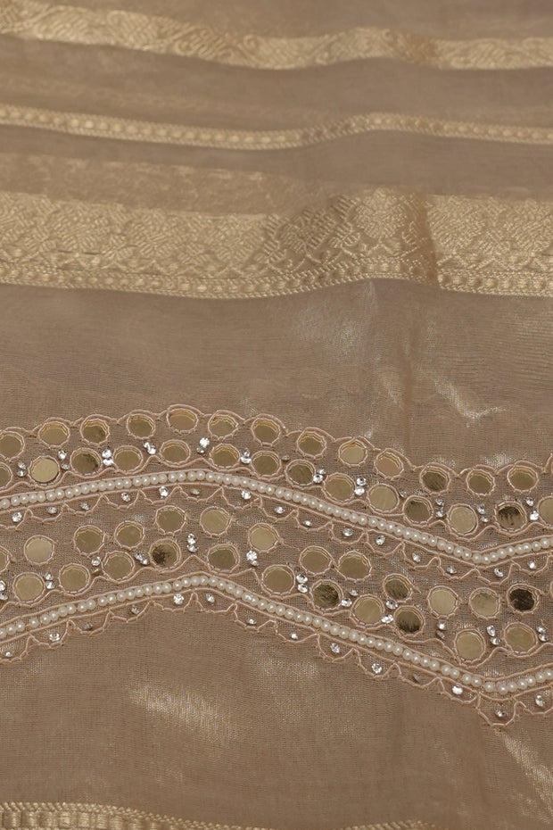 Pure Gold tissue saree with mirror and bead work, with stitched blouse