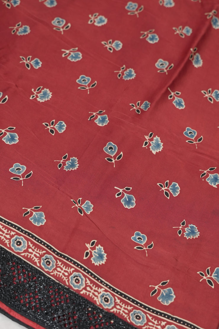 Red ajrakh hand blocked printed designer modal silk saree with stitched blouse