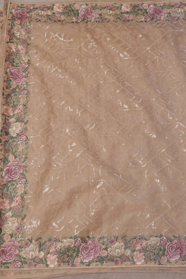 Peach soft organza saree with sequins and embroidery, with stitched blouse