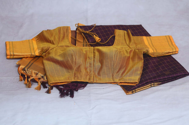 Coffe Brown semi silk saree with yellow temple border, with stitched blouse