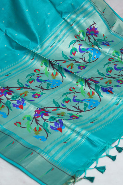 Semi tussar silk saree with Paithani weave, with stitched blouse