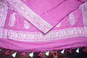 Lotus pink color handloom munga silk saree with silver zari banarsi weave , stitched blouse