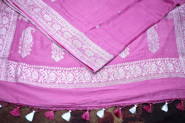 Lotus pink color handloom munga silk saree with silver zari banarsi weave , stitched blouse